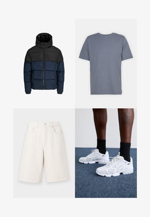 Kurtka puchowa z czarną górną częścią i granatową dolną częścią. Posiada zamek błyskawiczny, kaptur i elastyczne mankiety. Gładka, pikowana tekstura.; Szary t-shirt z krótkim rękawem i okrągłym dekoltem, wykonany z miękkiej bawełnianej mieszanki. Prosty design, bez wzorów ani akcentów.; Jasno beżowe szorty dżinsowe o luźnym kroju, z dwoma przednimi kieszeniami, zamkiem błyskawicznym i metalowym zapięciem na guzik.; Białe sportowe buty z siateczkową cholewką, teksturowanymi akcentami i wyściełaną podeszwą. W zestawieniu z czarnymi skarpetkami ściągaczowymi do kostek na niebieskiej wykładzinie.