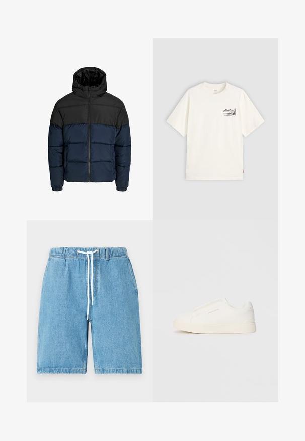 Puffer jacket with a black upper section and navy lower section. Features a zipper closure, hood, and elastic cuffs. Smooth, padded texture.; White short-sleeve t-shirt made of cotton, featuring a black graphic design on the left chest area with the word "Fresh."; Light blue denim shorts with an elastic waistband, white drawstring, and a relaxed fit. Features a smooth texture and hemmed edges.; White slip-on sneakers with a textured surface, a thick sole, and minimalistic design. Features brand logo on the side.