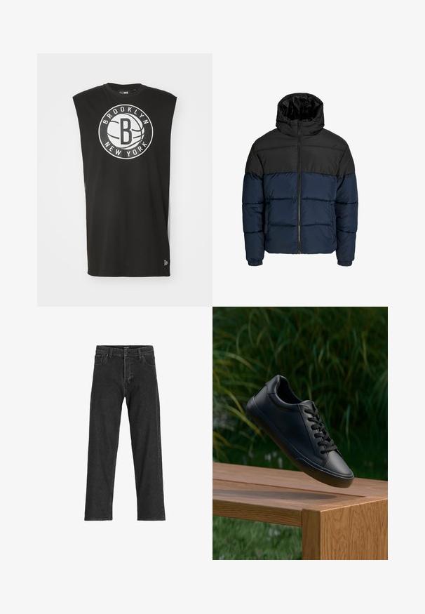 Pufferjakke med en sort overdel og en marineblå underdel. Har en lynlåslukning, hætte og elastiske manchetter. Glat, polstret tekstur.; Sort ærmeløs t-shirt med et stort hvidt Brooklyn-New York logo med basketdesign; lavet af blødt stof med en afslappet pasform.; Sorte denim jeans med lige ben-design, som har lynlås, bæltestropper og seks lommer, lavet af et robust bomuldsblandingsstof.; Sorte lædersneakers med en glat overflade, rund tå og flade snørebånd, placeret over en træoverflade med grøn græs i baggrunden.