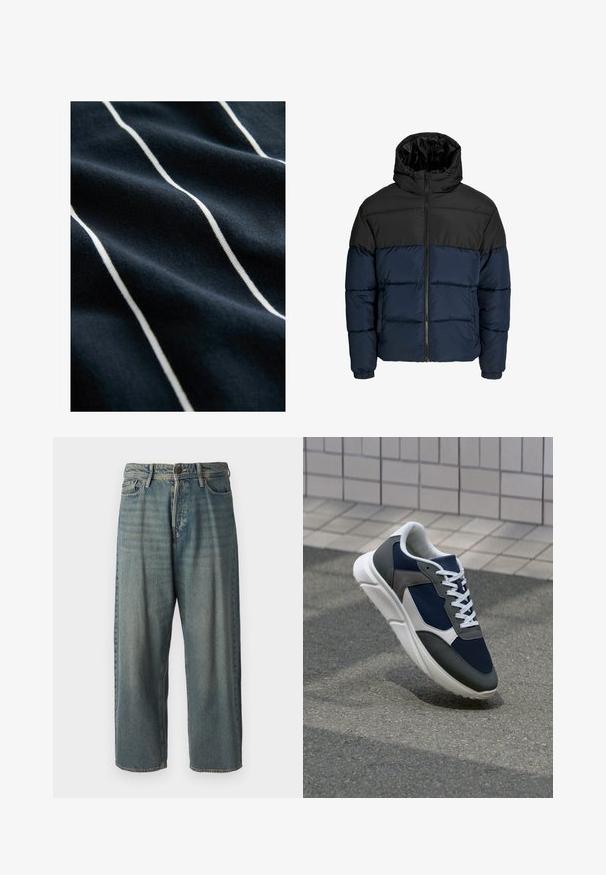 Puhasta jakna z zgornjim delom v črni barvi in spodnjim delom v mornarsko modri barvi. Ima zadrgo, kapuco in elastične manšete. Gladka, oblazinjena tekstura.; Temno modra tkanina z belimi navpičnimi črtami, ki ima gladko teksturo in rahlo sijaj, kar poudarja črtasto obliko.; Svetlomoderne kavbojke z ohlapnim krojem, srednjim pasom in ravnimi nogami. Imajo pet žepov, zanke za pas in zapiranje na gumb.; Superge z zgornjim delom iz mrežaste tkanine v mornarsko modri barvi, sivi usnjeni poudarki, belo gumijasto podplato in ravnimi belimi vezalkami, zasnovane za udobje in zračnost.