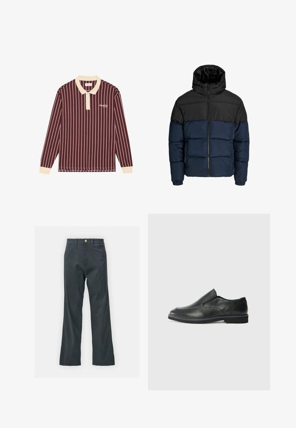 Daunenjacke mit einem schwarzen oberen Abschnitt und einem marineblauen unteren Abschnitt. Verfügt über einen Zipperverschluss, eine Kapuze und elastische Bündchen. Glatte, gepolsterte Textur.; Burgunderfarbendes Langarm-Polohemd mit cremefarbenen vertikalen Streifen, einem cremefarbenen Kragen und gesticktem Logo auf der Brust, mit gerippten Bündchen.; Schwarze Hose mit geradem Bein, aus einem Baumwollmix. Verfügt über einen Metallknopfverschluss und seitliche Taschen. Keine sichtbaren Muster.; Schwarze Leder-Slipper mit glattem Obermaterial, gesteppten Akzenten, runder Zehenpartie und niedrigem Gummiabsatz. Die Sohle hat ein minimales Profil.