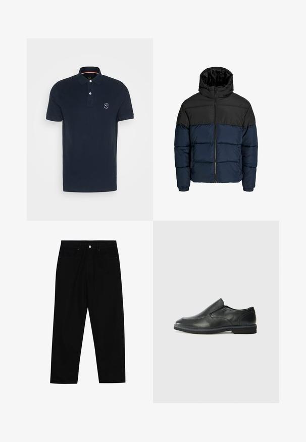 Pūšamo jaka ar melnu augšējo daļu un tumši zilā apakšējā daļā. Aprīkota ar rāvējslēdzēju, kapuci un elastīgiem piedurkņu galiem. Gluda, polsterēta tekstūra.; Jūras zils kokvilnas polo krekls ar divu pogu slēdzeni, īsām piedurknēm un logotipu kreisajā krūtī. Gluda tekstūra, klasiskā piegriezuma.; Melni džinsi ar taisnu kāju griezumu, piecu kabatu dizainu un priekšēju pogu aizdari. Gluda tekstūra ar minimālu šuvju detaļu skaitu.; Melnas ādas slip-on kurpes ar gludu augšdaļu, izšūtām akcentiem, noapaļotu purngala daļu un zemu gumijas papēdi. Zole ar minimālu rakstu.