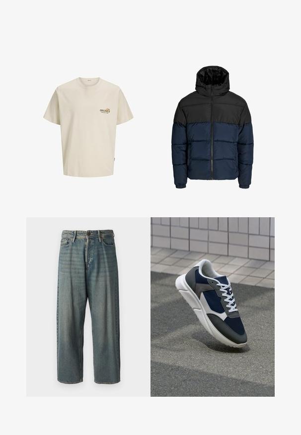 Fújtatott dzseki fekete felső résszel és tengerészkék alsó résszel. Cipzáras záródással, kapucnival és elasztikus mandzsettákkal rendelkezik. Simább, párnázott textúra.; Világos bézs pamut póló rövid ujjakkal, kerek nyakkivágással és a mellkason olvasható nyomott logóval, amely így szól: "ORIGINALS ESTABLISHED IN 1900".; Világoskék farmernadrág, laza fazonnal, közepes derékbőséggel és egyenes szárral. Öt zsebet, övbucskát és gombos záródást tartalmaz.; Cipő, amelynek sötétkék hálós felsőrésze, szürke velúr díszítései, fehér gumitalpa és lapos fehér fűzője van, a kényelem és a légáteresztő képesség érdekében tervezve.