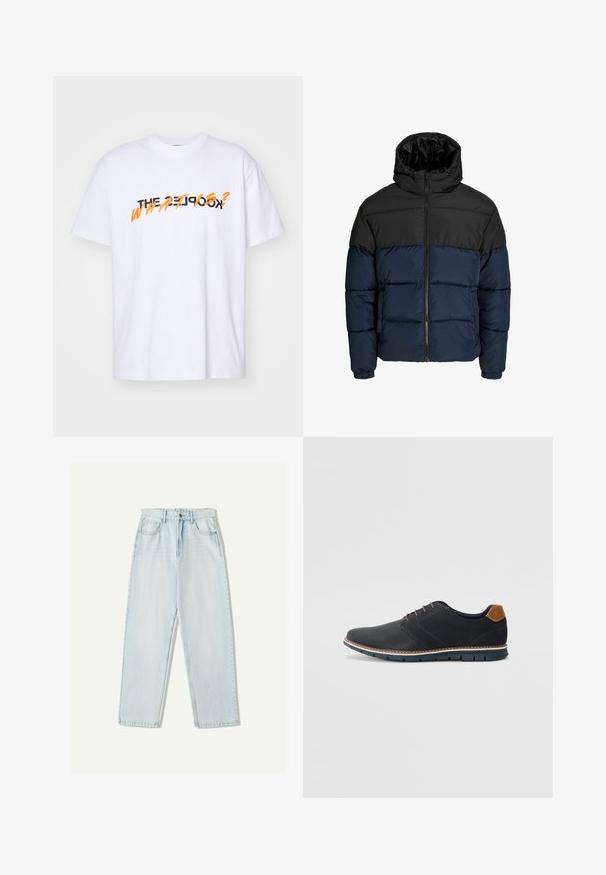 Pufová bunda s černou horní částí a námořnickou modrou spodní částí. Obsahuje zip, kapuci a elastické manžety. Hladký, polstrovaný povrch.; Bílý bavlněný tričko s krátkým rukávem, na kterém je v tučném černém a oranžovém písmu nápis "THE KOOKS? CO TO JE?". Jednoduchý design.; Světle modré džíny s volným střihem, rovnými nohavicemi, pěti kapsami a jemným vyblednutím látky.; Černé syntetické boty s texturovaným svrškem, hladkými detaily, hnědým podpatkem a kontrastní podrážkou. Obsahují minimální šněrování a švy.