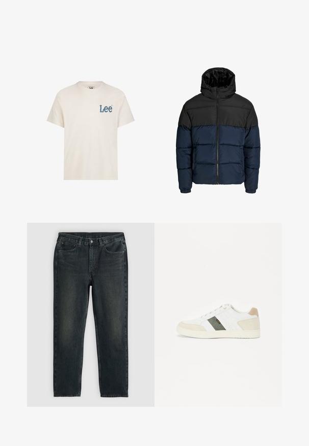 Pufferjakke med en sort overdel og en marineblå underdel. Har en lynlåslukning, hætte og elastiske manchetter. Glat, polstret tekstur.; Lee MEDIUM WOBBLY TEE - T-shirts basic - ecru; Sorte denim jeans med lige ben, fem-lomme design og subtile falmning detaljer. Har knap- og lynlåslukning.; Hvide sneakers med suede detaljer i lys beige og mørkegrønne stofpaneler. Perforeret design langs siderne, flad gummisål.