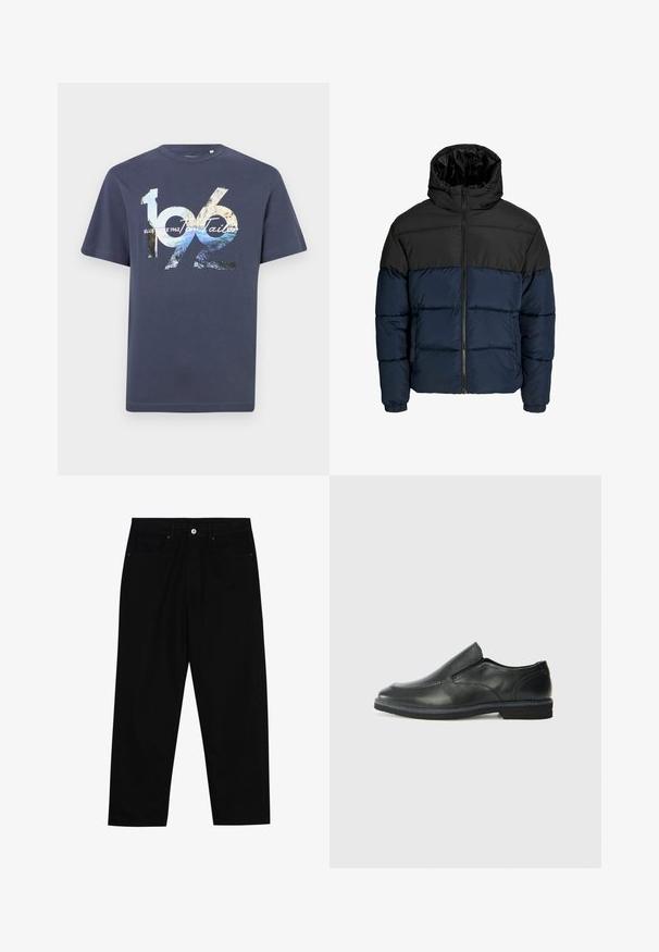Puffjakke med svart øvre del og marineblå nedre del. Har glidelås, hette og elastiske mansjetter. Glatt, polstret tekstur.; Mørkeblå bomull T-skjorte med dristige grafiske trykk med tallene "1962" og merke tekst, korte ermer og rund hals.; Sorte denimbukser med rett benklipp, fem-lomme design og frontknappåpning. Jevn tekstur med minimale sømdetaljer.; Sorte skinn slip-on sko med en jevn overflate, stikking detaljer, rund tå og en lav gummihæl. Sålen har minimal mønstring.