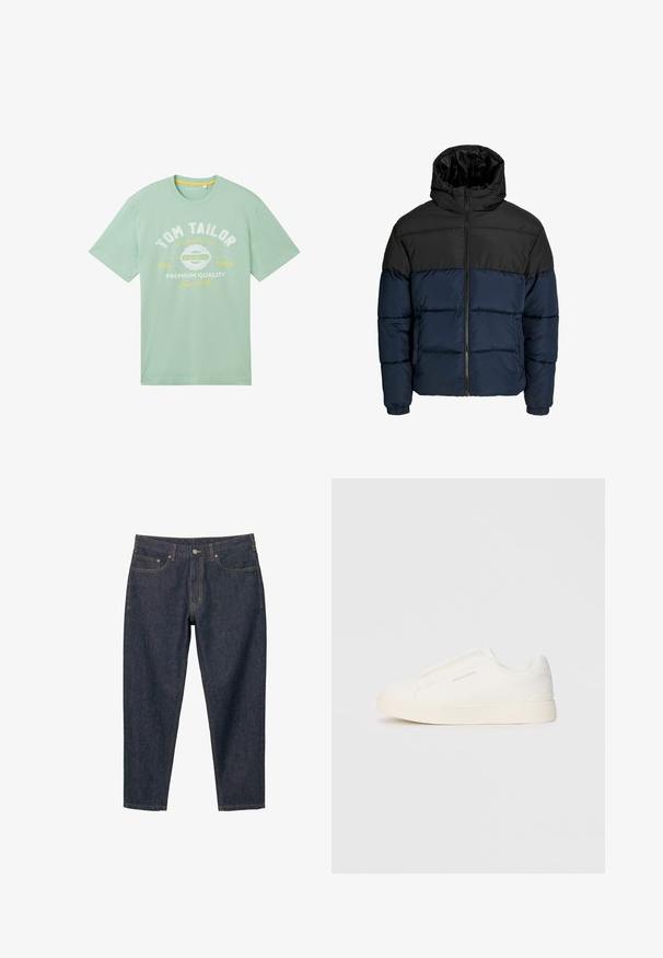 Puffatakki, jossa on musta yläosa ja tummansininen alaosa. Varustettu vetoketjutaskulla, hupulla ja joustavilla hihoilla. Sileä, pehmustettu pinta.; TOM TAILOR LOGO  - Printtipaita - paradise mint; Tummansiniset farkut, joissa on suora lahje, viisi taskua, kuparinväriset ompeleet ja nappisulku.; Valkoiset liukusukat, joissa on teksturoitu pinta, paksu pohja ja minimalistikot. Sivulla on brändin logo.