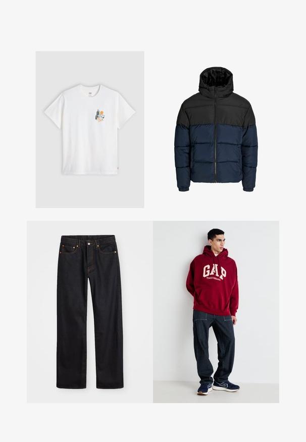 Pufová bunda s černou horní částí a námořnickou modrou spodní částí. Obsahuje zip, kapuci a elastické manžety. Hladký, polstrovaný povrch.; Levi's® RELAXED FIT TEE - Triko s potiskem - bright white; Pánské černé džíny rovného střihu s pěti kapsami a oranžovým prošíváním, s knoflíkem a zipem na předním pásku.; Bordová mikina s kapucí se nápisem "GAP" a "TIMES SQUARE" potisknutým v krémové barvě, doplněná námořnickými pruhovanými kalhotami a námořnickými teniskami s bílými detaily.