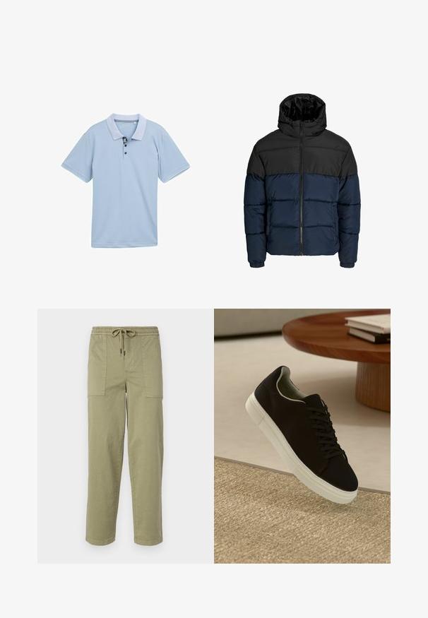 Pufová bunda s černou horní částí a námořnickou modrou spodní částí. Obsahuje zip, kapuci a elastické manžety. Hladký, polstrovaný povrch.; Světlemodré polo tričko s dvoubarevným límcem, tříknoflíkovou légou a krátkými rukávy. Vyrobeno z hladkého, prodyšného materiálu.; Pantalony světle olivové barvy vyrobené z bavlněné směsi, s elastickým pasem na šnůrku a dvěma velkými bočními kapsami.; Černé tenisky s bílou podrážkou plující nad béžovým texturovaným kobercem poblíž kulatého dřevěného stolu se stohovanými knihami.