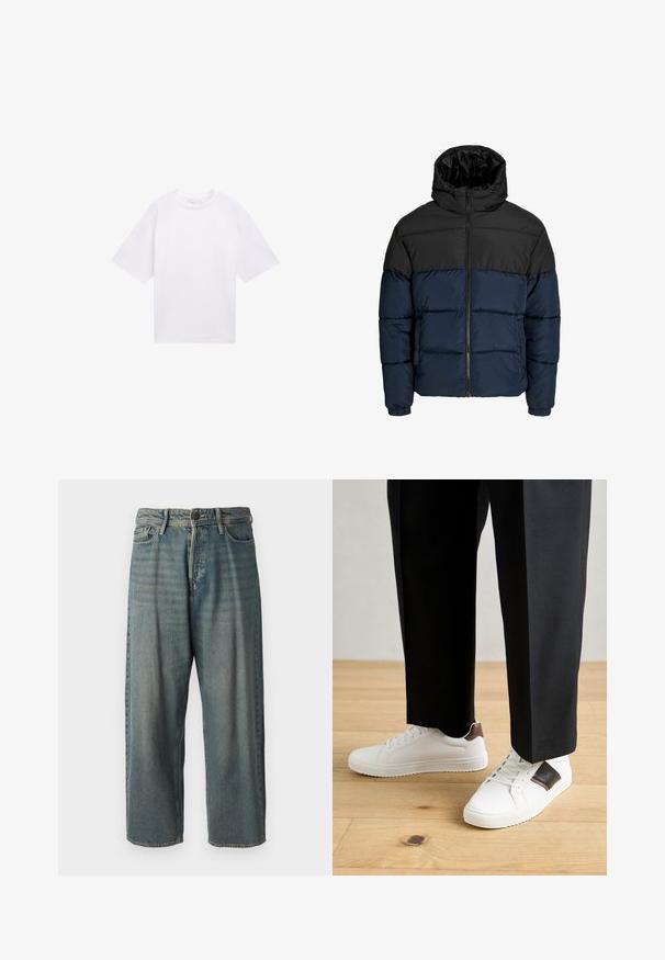 Puffjakker, mille ülemine osa on must ja alumine osa meri sinine. Omab lukuga sulgemist, kapuutsi ja elastseid mansette. Sile, polsterdatud tekstuur.; Valge lühikeste varrukatega T-särk, mis on valmistatud puuvillast. Mugav lõige ja ümmargune kaelus. Sile tekstuur ja ei mingeid nähtavaid mustreid või aksessuaare.; Heledad sinine denim-stiilis teksad, volüümse lõike, keskmise kõrgusega talje ja sirgete säärega. Omab viit taskut, vöökumme ja nööpide sulgemist.; Valged sneakersid siledat tekstuurist, millel on pruunad nahast detailid ja mustad aksessuaarid, millele on sobitatud mustad kohandatud püksid. Puitpõranda taust.