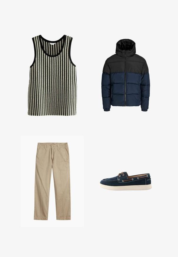 Daunenjacke mit einem schwarzen oberen Abschnitt und einem marineblauen unteren Abschnitt. Verfügt über einen Zipperverschluss, eine Kapuze und elastische Bündchen. Glatte, gepolsterte Textur.; Schwarzes und weißes gestreiftes Tanktop mit Rundhalsausschnitt und ärmellosem Design. Die Textur weist abwechselnd dicke und dünne vertikale Linien auf.; Beige gerade geschnittene Chinos mit Gürtelschlaufen, vorderem Knopf- und Reißverschlussverschluss sowie schrägen Fronttaschen.; Marineblaue Bootsschuhe aus Stoff mit weißen Nähten und einer Gummisohle. Verfügt über braune Schnürsenkel und Ösen. Rundes Zehen-Design.