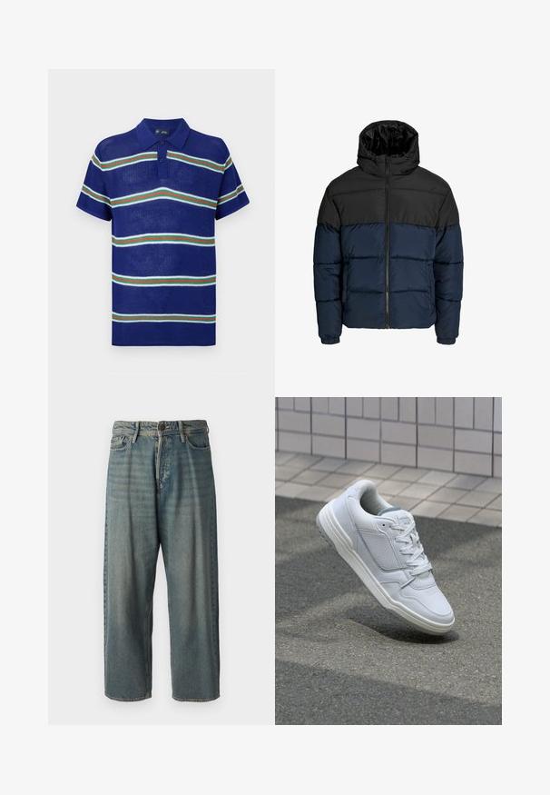 Pufová bunda s černou horní částí a námořnickou modrou spodní částí. Obsahuje zip, kapuci a elastické manžety. Hladký, polstrovaný povrch.; Modrá pletená polo košile s krátkým rukávem, s vodorovnými pruhy v bílé, zelené a červené barvě a s třemi knoflíky na léze.; Světle modré denimové džíny s volným střihem, středně vysokým pasem a rovnými nohavicemi. Obsahují pět kapes, poutka na opasek a zapínání na knoflík.; Bílé kožené tenisky s perforovanými stranami, texturovanými detaily, plochými tkaničkami a kontrastní šedou patou. Mají mírně zvýšenou podrážku.