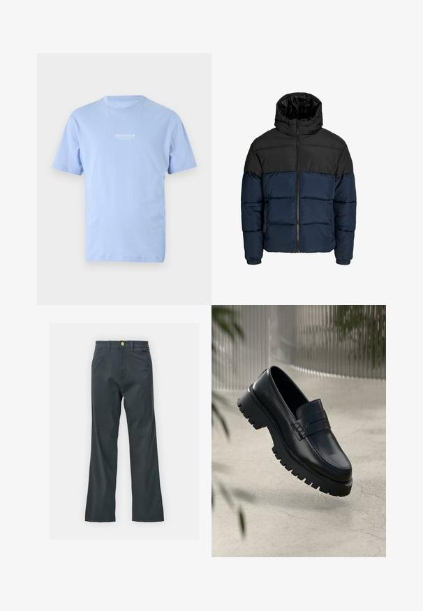 Pūšamo jaka ar melnu augšējo daļu un tumši zilā apakšējā daļā. Aprīkota ar rāvējslēdzēju, kapuci un elastīgiem piedurkņu galiem. Gluda, polsterēta tekstūra.; Gaiši zils īsām piedurknēm apkaklītes T-krekls ar nelielu baltu "DENIM TOM TAILOR" tekstu centrā krūtīs.; Melnas bikses ar taisnu kāju griezumu, izgatavotas no kokvilnas maisījuma auduma. Tām ir metāla pogas aizdare un sānu kabatas. Nav redzamu rakstu.; Melni ādas loafers ar masīvu protektora zoli, ar dekoratīvu siksnu un šuvuma detaļām. Gluda tekstūra ar spīdīgu apdari.