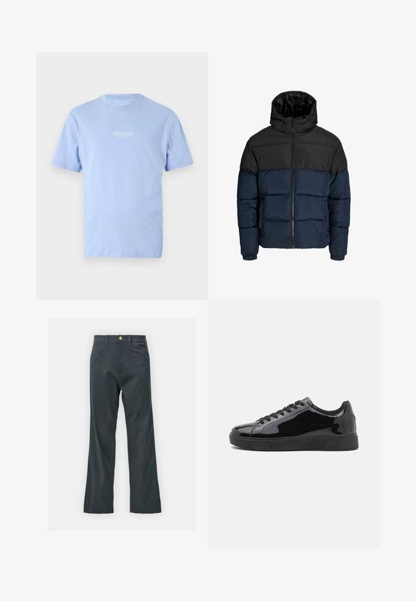 Jachetă puffer cu secțiune superioară neagră și secțiune inferioară bleumarin. Dispune de un sistem de închidere cu fermoar, glugă și manșete elastice. Textură netedă și căptușită.; Tricou bleu deschis cu mânecă scurtă, guler rotund, cu text mic alb "DENIM TOM TAILOR" centrat pe piept.; Pantaloni negri cu croi drept, confecționați dintr-un material din bumbac. Dispun de un închidere cu nasture metalic și buzunare laterale. Fără modele vizibile.; Tenisi din piele lacuită neagră, cu vârf rotund, talpă plată din cauciuc și șireturi negre. Textură netedă și lucioasă pe suprafața superioară.