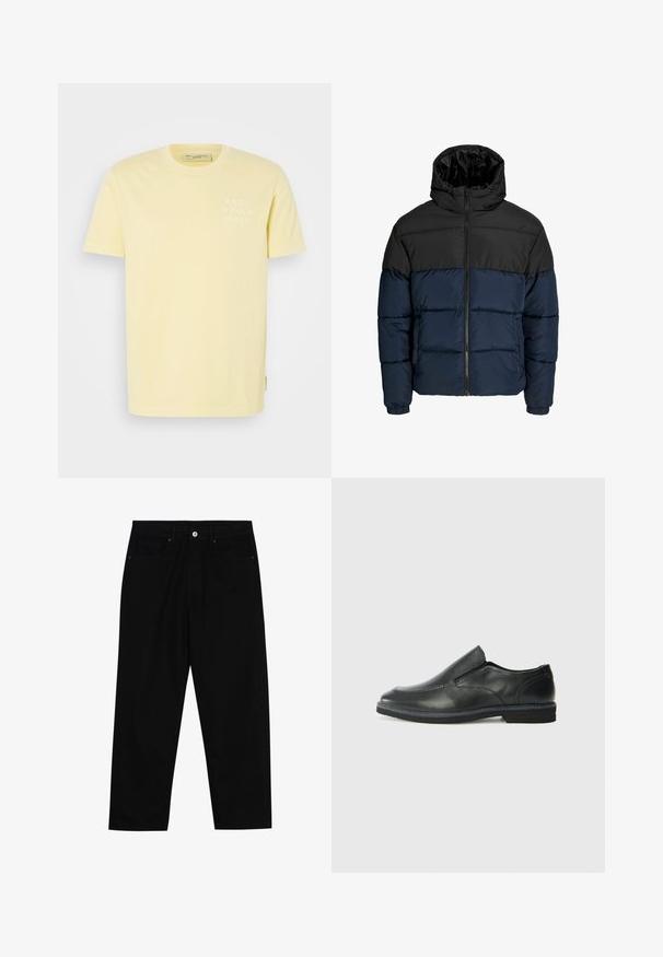 Pufferjakke med en sort overdel og en marineblå underdel. Har en lynlåslukning, hætte og elastiske manchetter. Glat, polstret tekstur.; Gul bomulds-T-shirt med korte ærmer, rund halsudskæring og et lille hvidt logo på venstre bryst. Glat tekstur og afslappet pasform.; Sorte denimbukser med lige ben, fem lomme-design og knaplukning foran. Glat tekstur med minimale syninger.; Sorte læder slip-on sko med en glat overdel, syede detaljer, rund tå og en lav gummihæl. Sålen har minimal profil.