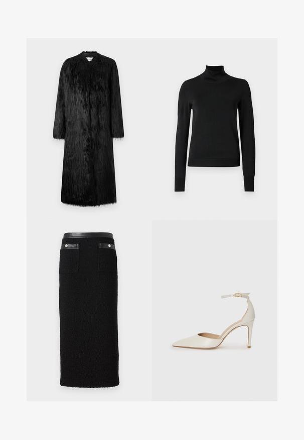 Melnā mākslīgā kažokā ar pilna garuma dizainu, garām piedurknēm un mīkstu, teksturētu virsmu. Raksturo minimālisma stils un nav redzamu aizdaru.; Melnas garām piedurknēm turtlenecks džemperis ar ribotām aprocēm un apakšmali, attēlots uz vienkārša balta fona.; Melnā zīmuļsvārki, kas izgatavoti no teksturēta materiāla, ar gludu melnu jostasvietu un diviem aizmugurējiem kabatām ar sudraba apdares akcentiem.; Baltas ādas augstpapēžu kurpes ar smailu purngala daļu, potītes siksniņu un šauru stiletto papēdi. Gluda tekstūra ar smalku spīdumu.