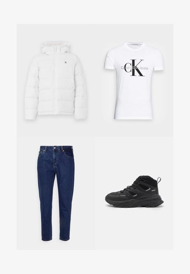 Valkoinen pehmustettu takki, jossa on huppu, etuvetoketju, sivutaskut ja pieni musta "cK"-logo rinnassa.; Valkoinen puuvillateeppari, jossa on musta "CK"-logo ja "Calvin Klein Jeans" -teksti, lyhyet hihat ja klassinen pyöreä kaula-aukko.; Tummansinisiä farkkuhousuja, joissa on suora lahje, viisi taskua ja nappisuljin. Housuissa on hienovaraista kulumista ja ompeluyksityiskohtia.; Mustia vaeltajakenkiä, joissa on kerroksellinen muotoilu, teksturoitu kangas ja kumipohja. Kenkien vahvistettuja alueita ja nauhakiinnitys edessä.