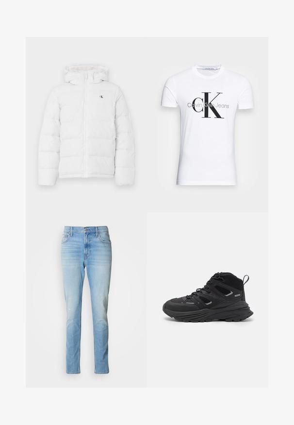 Bílá padací bunda s kapucí, předním zipem, bočními kapsami a malým černým logem "cK" na hrudi.; Bílý bavlněný tričko s černým logem "CK" a textem "Calvin Klein Jeans", krátké rukávy a klasický kulatý výstřih.; Světle modré denimové džíny se střihy rovného nohavice, s jemným vyšisováním a klasickým designem pěti kapes. Mají zapínání na knoflík a poutka na opasek.; Černé turistické boty s vrstveným designem, texturovanou látkou a gumovou podešví, se zesílenými částmi a šněrovacím uzávěrem.