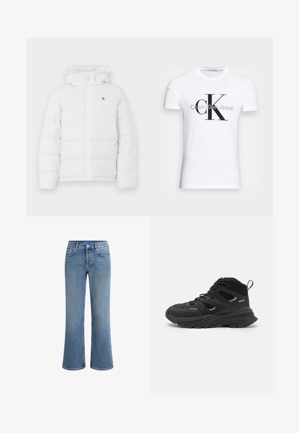 Bela podložena jakna s kapuco, sprednjim zadrgo, stranskimi žepi in majhnim črnim logotipom "cK" na prsih.; Bela bomba majica iz bombaža z črnim logotipom "CK" in napisom "Calvin Klein Jeans", kratkimi rokavi in klasičnim okroglim ovratnikom.; Svetlo modri traper hlače s širokimi nogavicami, srednjim pasom, petimi žepe in subtilno teksturo, z običajnim gumbom za zapiranje.; Črne pohodne čevlje z večplastno zasnovo, teksturirano tkanino in gumijastim podplatom, z ojačanimi deli in vezalkami spredaj.
