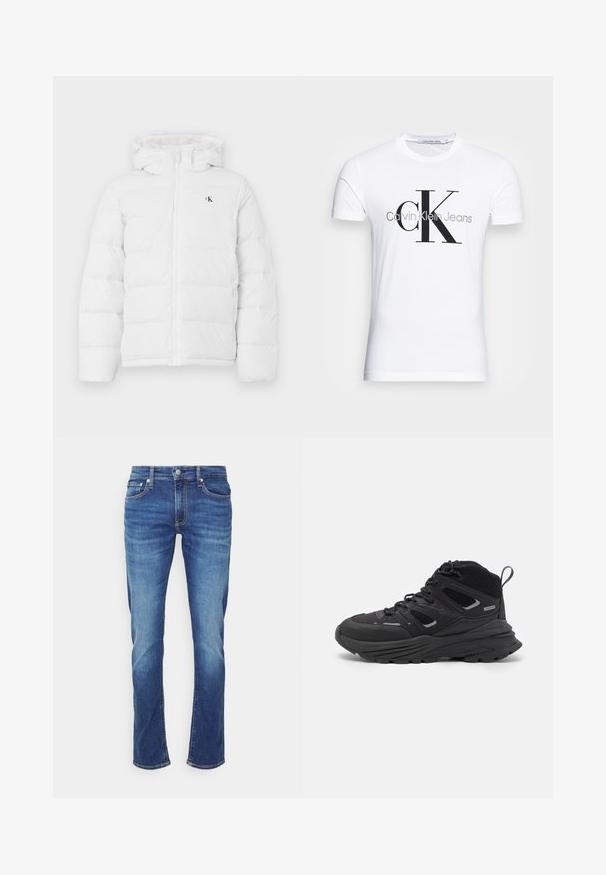 Bela podložena jakna s kapuco, sprednjim zadrgo, stranskimi žepi in majhnim črnim logotipom "cK" na prsih.; Bela bomba majica iz bombaža z črnim logotipom "CK" in napisom "Calvin Klein Jeans", kratkimi rokavi in klasičnim okroglim ovratnikom.; Modre jeans hlače s ravnim krojem. Značilnosti vključujejo tradicionalno postavitev petih žepov in vidne šive.; Črne pohodne čevlje z večplastno zasnovo, teksturirano tkanino in gumijastim podplatom, z ojačanimi deli in vezalkami spredaj.