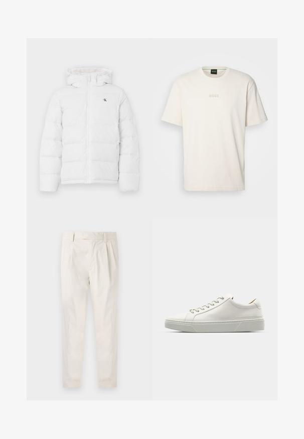 Valge polsterdatud jakk kapuutsiga, ees lukk, küljetaskud ja väike must "cK" logo rinnal.; BOSS TEE - Lihtne T-särk - open white; Valged volditud püksid, mis on kohandatud sobivusega, sujuva tekstuuriga, vööloopidega ja kitsenevate jalgadega. Pole nähtavaid taskuid ega mustreid.; Valge nahast tennis, millel on ümmargune varvas, minimalistlik disain, hallad paelad ja tekstureeritud hall kummitald. Näha on peeneid õmblusdetailide.