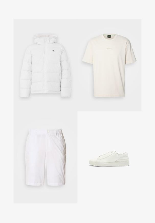 White padded jacket with hood, front zipper, side pockets, and small black "cK" logo on the chest.; BOSS TEE - Basic T-shirt - open white; White shorts made of smooth fabric, featuring a button closure, elastic waistband, and side pockets. Simple, straight-leg design.; White leather sneaker featuring a textured upper, a round toe, minimalistic design, and a rubber sole with stitched detailing.