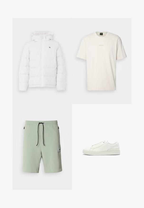 White padded jacket with hood, front zipper, side pockets, and small black "cK" logo on the chest.; BOSS TEE - Basic T-shirt - open white; Mint green shorts made of soft fabric, featuring an elastic waistband with black drawstring and a side pocket displayed with a logo patch.; White leather sneaker featuring a textured upper, a round toe, minimalistic design, and a rubber sole with stitched detailing.