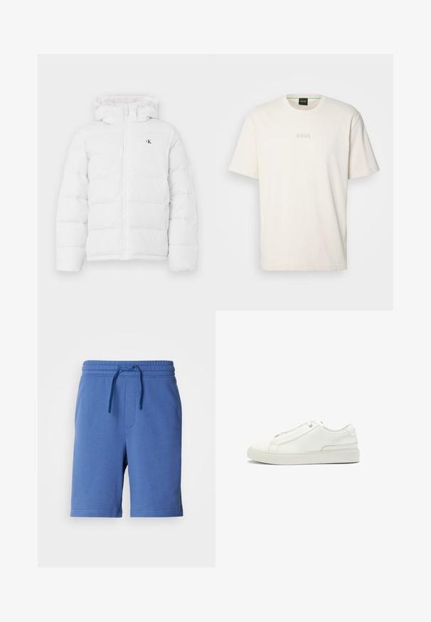 White padded jacket with hood, front zipper, side pockets, and small black "cK" logo on the chest.; BOSS TEE - Basic T-shirt - open white; Blue cotton shorts with an elastic waistband, drawstring, and side pocket. Smooth texture, knee-length design, minimal branding detail.; White leather sneaker featuring a textured upper, a round toe, minimalistic design, and a rubber sole with stitched detailing.