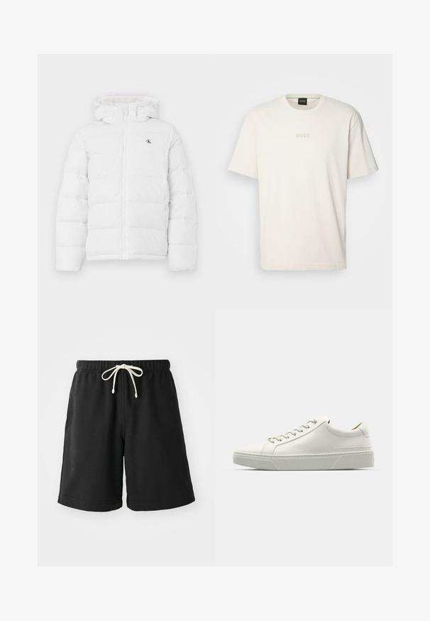 Jachetă albă captusită cu glugă, fermoar frontal, buzunare laterale și un mic logo negru "cK" pe piept.; BOSS TEE - Tricou basic - open white; Shorts negri dintr-un material moale, cu un elastic la talie și un șnur de culoare crem, având buzunare laterale.; Sneaker din piele albă cu vârful rotund, design minimalist, șireturi gri și o talpă din cauciuc texturată, gri. Detalii de cusătură subtile vizibile.