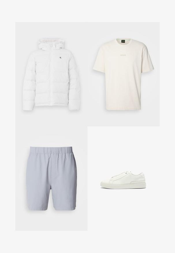 Giacca imbottita bianca con cappuccio, zip frontale, tasche laterali e piccolo logo "cK" nero sul petto.; BOSS TEE - T-shirt basic - open white; Costumi da bagno grigi chiari con vita elasticizzata, due tasche laterali e un tessuto morbido e leggero. Nessun motivo o decorazione visibile.; Sneaker bianca in pelle con tomaia testurizzata, punta tonda, design minimalista e suola in gomma con dettagli cuciti.