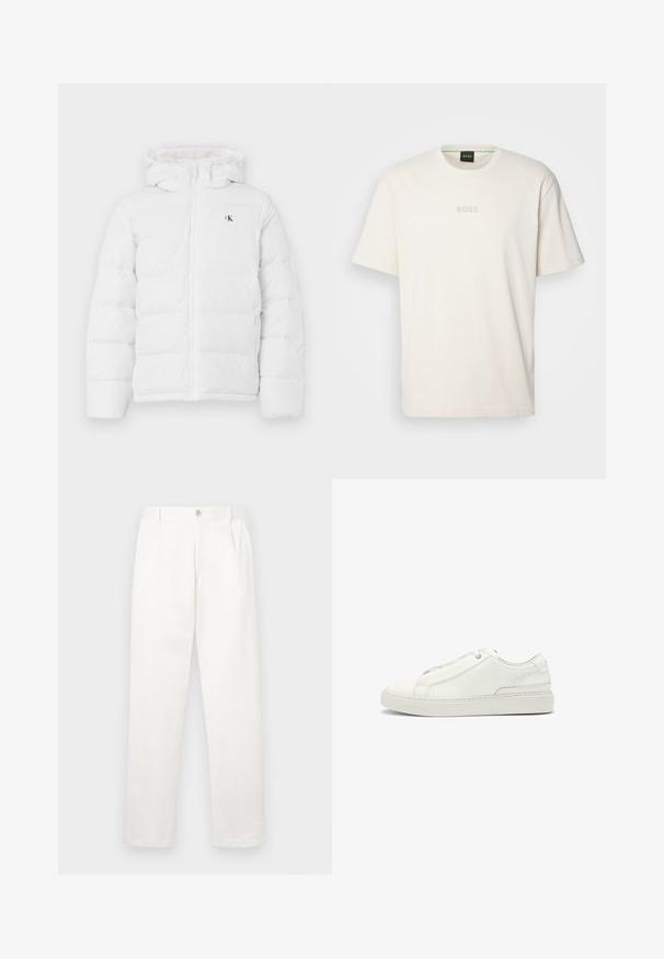 White padded jacket with hood, front zipper, side pockets, and small black "cK" logo on the chest.; BOSS TEE - Basic T-shirt - open white; White trousers made from smooth fabric, featuring a straight leg design, front pleats, and a single button closure at the waist.; White leather sneaker featuring a textured upper, a round toe, minimalistic design, and a rubber sole with stitched detailing.