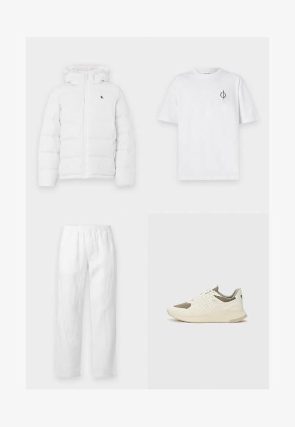 White padded jacket with hood, front zipper, side pockets, and small black "cK" logo on the chest.; White cotton t-shirt with a relaxed fit, featuring a small black graphic logo on the left chest area. Short sleeves, crew neck style.; White linen pants featuring an elastic waistband, straight-leg fit, and soft texture with no visible patterns or hardware details.; White and light beige athletic sneaker, featuring a mesh upper, perforated detailing, and a textured midsole with branding on the heel.