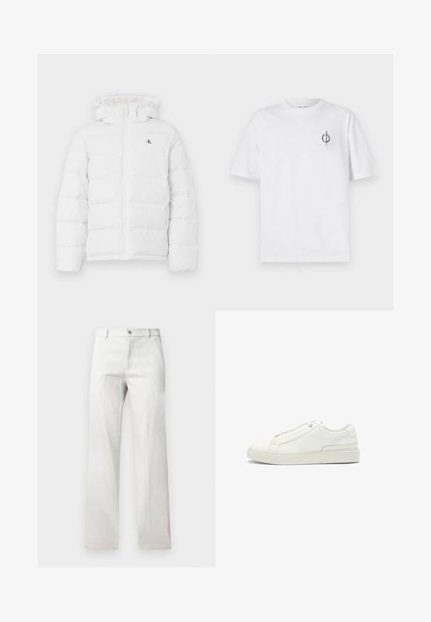 Vit vadderad jacka med huva, framdragkedja, sidofickor och liten svart "cK" logo på bröstet.; Vit bomullströja med avslappnad passform, med en liten svart grafisk logotyp på vänster bröstområde. Korta ärmar, rundad hals.; Ljust grå byxor med rak bendesign, tillverkade av ett slätt tyg, med framknäppning och sidofickor.; Vita lädersneaker med en texturerad ovandel, rund tå, minimalistisk design och en gummisula med sömdetaljer.