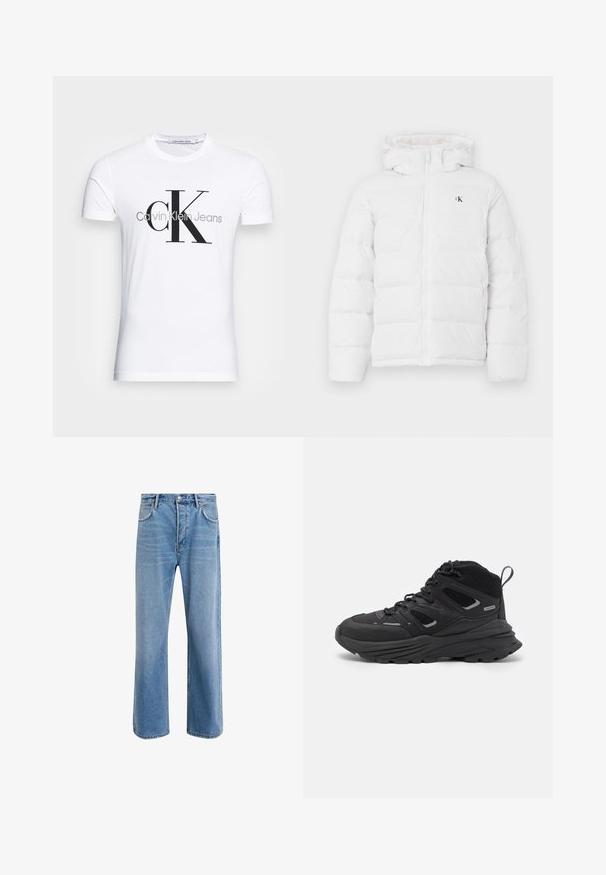 Hvit polstret jakke med hette, frontlomme, sidelommer og lite svart "cK"-logo på brystet.; Hvit bomull T-skjorte med svart "CK" logo og "Calvin Klein Jeans" tekst, korte ermer og klassisk rund hals.; Lys blå denimjeans med rett ben-design, fem lommer, knappeåpning, minimal falming og kontrasterende sømdetaljer.; Sorte tursko med en lagdelt design, teksturert stoff og gummisåle, med forsterkede områder og snøring foran.