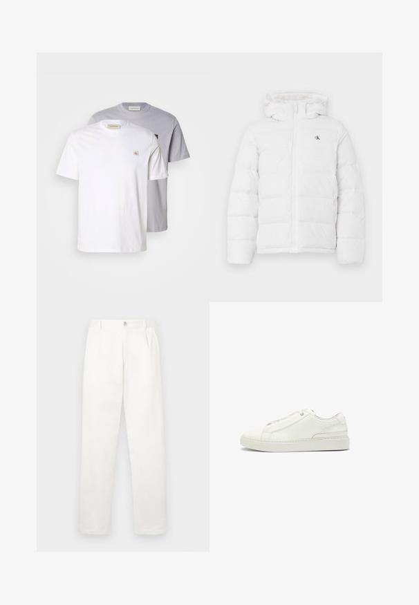 White padded jacket with hood, front zipper, side pockets, and small black "cK" logo on the chest.; Two short-sleeve t-shirts: one white and one light gray. Both have a round neck, cotton material, and small logo on the front.; White trousers made from smooth fabric, featuring a straight leg design, front pleats, and a single button closure at the waist.; White leather sneaker featuring a textured upper, a round toe, minimalistic design, and a rubber sole with stitched detailing.