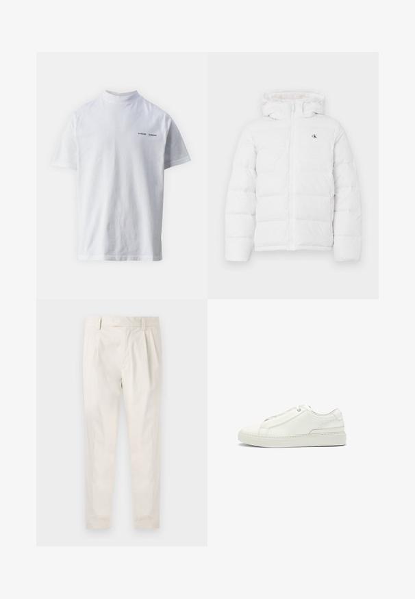 Weisse gepolsterte Jacke mit Kapuze, Frontreißverschluss, seitlichen Taschen und kleinem schwarzen "cK"-Logo auf der Brust.; Weißes Baumwoll-T-Shirt mit hohem Ausschnitt und kurzen Ärmeln. Mit schwarzem "SAMSØE SAMSØE" Logo auf der Vorderseite. Glatte Textur.; Weiße, plissierte Hose mit taillierten Schnitt, die eine glatte Textur, Gürtelschlaufen und schmal zulaufende Beine aufweist. Keine sichtbaren Taschen oder Muster.; Weiße Leder-Sneaker mit strukturierter Oberseite, runder Zehenform, minimalistischem Design und Gummisohle mit gestickten Details.