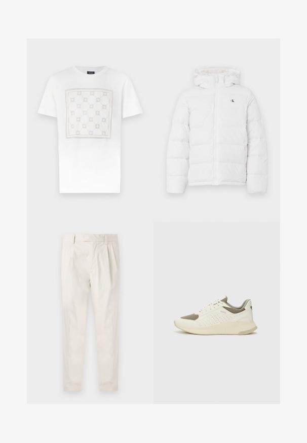 Biela prešívaná bunda s kapucňou, predným zipsom, bočnými vreckami a malým čiernym logom "cK" na hrudi.; Biela bavlnená tričko s veľkým, jemným štvorcovým vzorom v svetlo béžovej farbe s okrúhlymi tvarmi a akcentmi, zakončené okrúhlym výstrihom.; Biele plisované nohavice s prispôsobeným strihom, s hladkou textúrou, pútkami na opasok a zúženými nohavicami. Žiadne viditeľné vrecká ani vzory.; Biele a svetlo béžové športové tenisky s hornou časťou z mriežkového materiálu, perforovanými detailmi a textúrovanou medzipodrážkou s logom na päte.