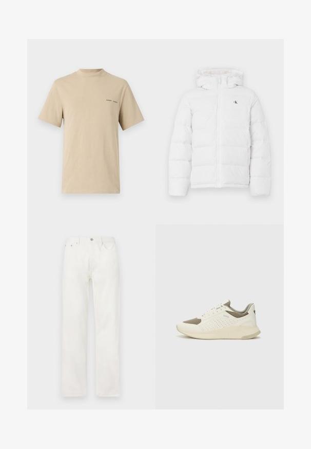 Hvit polstret jakke med hette, frontlomme, sidelommer og lite svart "cK"-logo på brystet.; Beige bomull T-skjorte med rund hals og korte ermer. Har en subtil svart "SAMSOE" tekstlogo på brystet.; Hvite denimjeans med rette ben, knapp- og glidelås-lukking, fem-lommers design og uten synlige mønstre eller detaljer.; Hvit og lysebeige treningssko, med en mesh-overdel, perforerte detaljer og en teksturert mellomsåle med merkevare på hælen.
