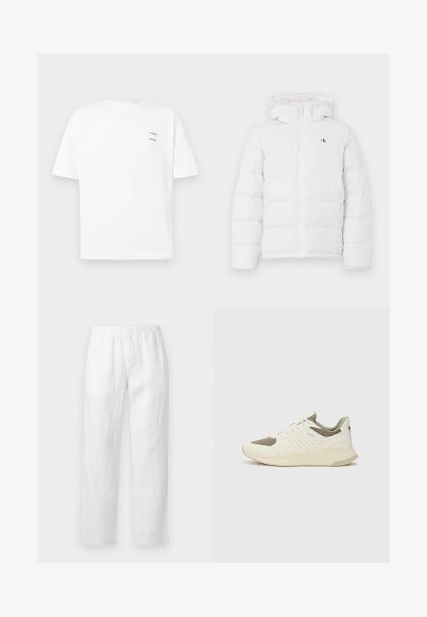 White padded jacket with hood, front zipper, side pockets, and small black "cK" logo on the chest.; White cotton t-shirt with a relaxed fit, short sleeves, and a V-neck. Features two small black printed logos on the left side.; White linen pants featuring an elastic waistband, straight-leg fit, and soft texture with no visible patterns or hardware details.; White and light beige athletic sneaker, featuring a mesh upper, perforated detailing, and a textured midsole with branding on the heel.