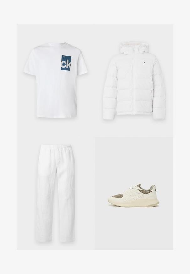 Hvit polstret jakke med hette, frontlomme, sidelommer og lite svart "cK"-logo på brystet.; Hvit bomull t-skjorte med en blå rektangulær lomme med hvit "ck" logo og tekstdetaljer. Korte ermer, rund hals, vanlig passform.; Hvite linbukser med elastisk midjebånd, rette ben og myk tekstur uten synlige mønstre eller metallbeslag.; Hvit og lysebeige treningssko, med en mesh-overdel, perforerte detaljer og en teksturert mellomsåle med merkevare på hælen.