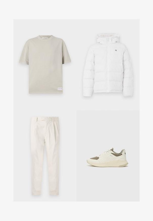 White padded jacket with hood, front zipper, side pockets, and small black "cK" logo on the chest.; Light beige short-sleeve t-shirt made from soft fabric, featuring a round neckline and a small label at the bottom left.; White, pleated trousers with a tailored fit, featuring a smooth texture, belt loops, and tapered legs. No visible pockets or patterns.; White and light beige athletic sneaker, featuring a mesh upper, perforated detailing, and a textured midsole with branding on the heel.