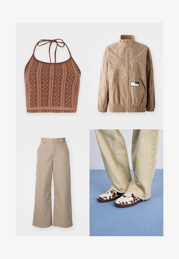 Hellbraune Nylonjacke mit hohem Kragen, Reißverschluss, elastischen Bündchen und einer Fronttasche. Verfügt über strukturierte Muster und ein Logo-Patch.; Braun gemusterter Halter-Crop-Top mit geometrischen Designs und schneeweißen Akzenten, verstellbaren Nackenbändern und einer weichen Textur.; Beige Weitbeinhosen aus einem Baumwollmischgewebe, mit hoher Taille, strukturiertem Design und vorderen Taschen.; Weiße und braun gemusterte Sneakers aus Mesh und Leder, mit braunen Gummisohlen. Kombiniert mit hellbeigen, weit geschnittenen Hosen.