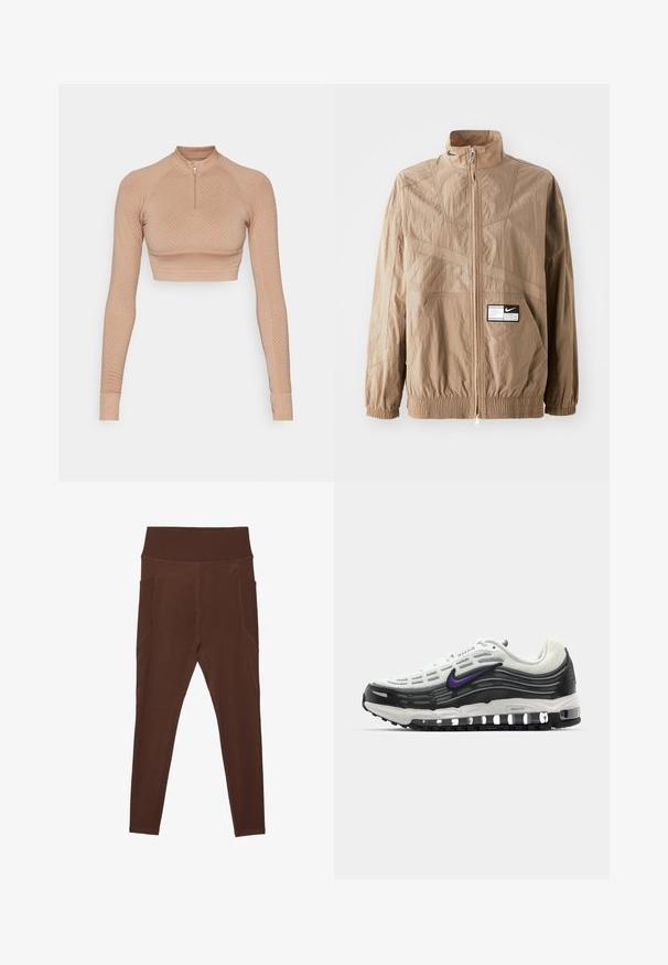 Vaaleanruskea nailonitakki, jossa on korkea kaulus, vetoketjukiinnitys, joustavat hihansuut ja etutasku. Sisältää myös tekstuuroituja kuvioita ja logopatchin.; Pitkähihaine lyhytpaita vaaleassa beigestä, jossa on teksturoitu timanttikuvio, neljännesvetoketjusuljenta ja istuvat hihat ribbineuloksella.; Ruske legginsy vyrobené z elastického materiálu s vroubkovaným vysokým pásom a bočnými kapsami. Obsahují ploché švy pro větší odolnost.; Nike Air Max lenkkitossut, joissa on valkoinen verkkopinta, mustat yksityiskohdat, violetti logo, kaareva muotoilu ja näkyvä ilmavienti pohjassa.