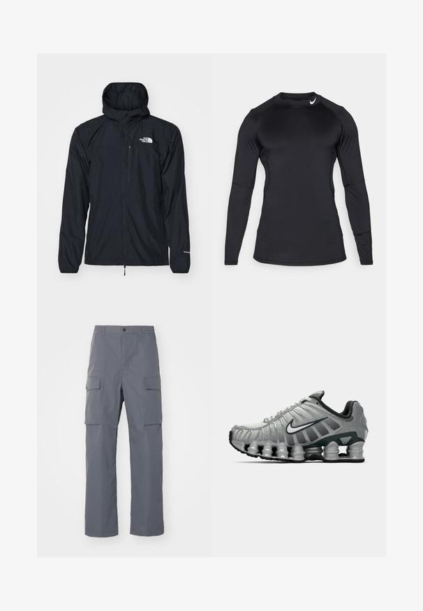 Black waterproof jacket with a hood, zippered front, elastic cuffs, and a small chest pocket. Features "The North Face" logo in white.; Black long-sleeve athletic shirt made of smooth, stretchy fabric with a crew neckline and discreet logo on the upper left.; Gray cargo pants made of durable fabric. Features include an elastic waistband, two large side pockets, and a straight-leg cut.; Grey and black Nike running shoe with visible spring-like cushioning under the sole and a white swoosh logo on the side.