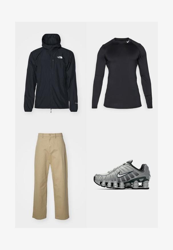 Melnā ūdensizturīgā jaka ar kapuci, ar rāvējslēdzēja priekšpusi, elastīgām aprocēm un mazu krūšu kabatu. Uzraksts "The North Face" baltā krāsā.; Melnas garām piedurknēm sporta krekls, izgatavots no gludas, elastīgas auduma, ar apaļu kakla izgriezumu un diskētu logotipu augšējā kreisajā pusē.; Beige kokvilnas bikses ar taisnām kājām, ar priekšējo pogu un rāvējslēdzēju, kā arī divām sānu kabatām. Gluda tekstūra.; Pelēki un melni Nike skriešanas apavi ar redzamu atsperveida amortizāciju zem zoles un balto swoosh logo sānos.