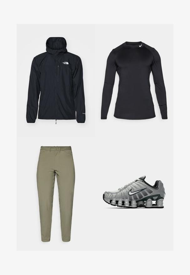 Juodas vandeniui atsparus džemperis su gaubtu, užtrauktuku priekyje, elastiniais rankogaliais ir mažais krūtinės kišenėmis. Pabrėžia baltą "The North Face" logotipą.; Juodas ilgomis rankovėmis sportinis marškinėliai, pagaminti iš lygaus, elastingo audinio, su apykakle ir diskretišku logotipu viršutiniame kairiajame kampe.; Šviesiai alyvuogių spalvos kelnės su lygiu paviršiumi, siauru kirpimu, diržo kilpomis ir viena sagute ties juosmeniu.; Pilkai juodas Nike bėgimo batas su matomu pavasario tipo amortizacija po padu ir baltu swoosh logotipu šone.