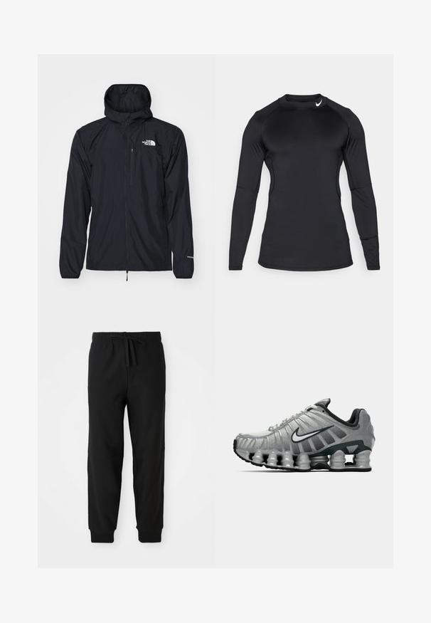 Schwarze wasserdichte Jacke mit Kapuze, Reißverschluss vorne, elastischen Bündchen und einer kleinen Brusttasche. Mit dem weißen "The North Face"-Logo.; Schwarzes, langärmeliges Sporthemd aus glattem, dehnbarem Material mit Rundhalsausschnitt und dezentem Logo oben links.; Schwarze Sweatpants mit elastischem Bund und verstellbarem Kordelzug. Enganliegende Bündchen und Seitennähte schaffen eine schlanke Silhouette.; Grauer und schwarzer Nike-Laufschuh mit sichtbarer federähnlicher Dämpfung unter der Sohle und einem weißen Swoosh-Logo an der Seite.