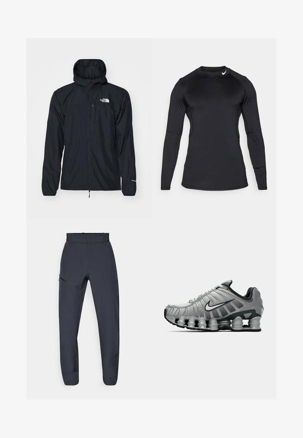 Must teha, veekindel jope kapuutsiga, lukuga esiosal, elastsete mansettidega ja väikese rinnataskuga. Omab valget "The North Face" logo.; Must have pikad varrukad ja sportlik särk, mis on valmistatud sileda ja elastse kanga kasutamisest, ümar kaelus ja diskreetne logo vasakus ülanurgas.; Tumed sinised tehnilised püksid, mis on valmistatud sünteetilisest materjalist; omaduseks on lame vöökoht, kaks eesmist taskut ja lisaks üks lukuga küljetasku.; Hallikas ja must Nike jooksutoss, mille all on näha kevadelik ammortiseerimine ja külje peal on valge sarnase logo.