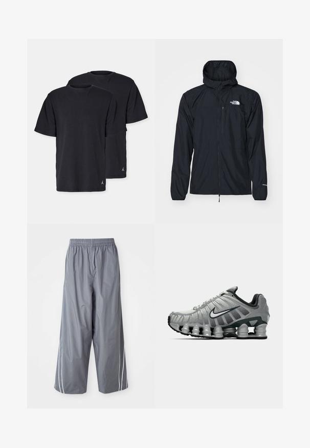 Casaco impermeável preto com capuz, frente com fecho éclair, punhos elásticos e um pequeno bolso no peito. Apresenta o logótipo "The North Face" em branco.; T-shirts de algodão pretos em corte padrão, com mangas curtas e design de gola redonda. Inclui pequeno logotipo na bainha esquerda. Pacote com dois.; Calças largas cinzas, leves e sintéticas com uma waistband elástica e riscas brancas laterais. Textura suave com um design casual.; Sapatilha de corrida Nike cinza e preta com um sistema de amortecimento semelhante a molas visível sob a sola e um logo swoosh branco na lateral.