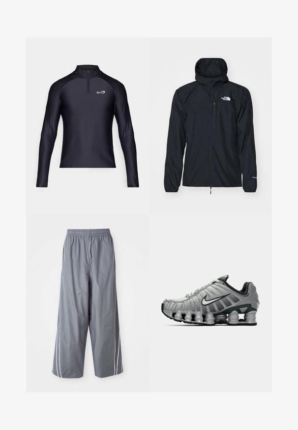 Čierna nepremokavá bunda s kapucňou, so zipsom vpredu, elastickými manžetami a malou náprsní kapsou. Obsahuje logo "The North Face" v bielej farbe.; Endless EPIC - Top s dlhým rukávom - black/white; Šedé, ľahké, syntetické nohavice s širokými nohavicami a elastickým pásom, s bielymi bočnými pruhmi. Hladká textúra s voľnočasovým dizajnom.; Sivé a čierne bežecké topánky Nike s viditeľným odpružením podobným pružine pod podrážkou a bielym logom swoosh na boku.